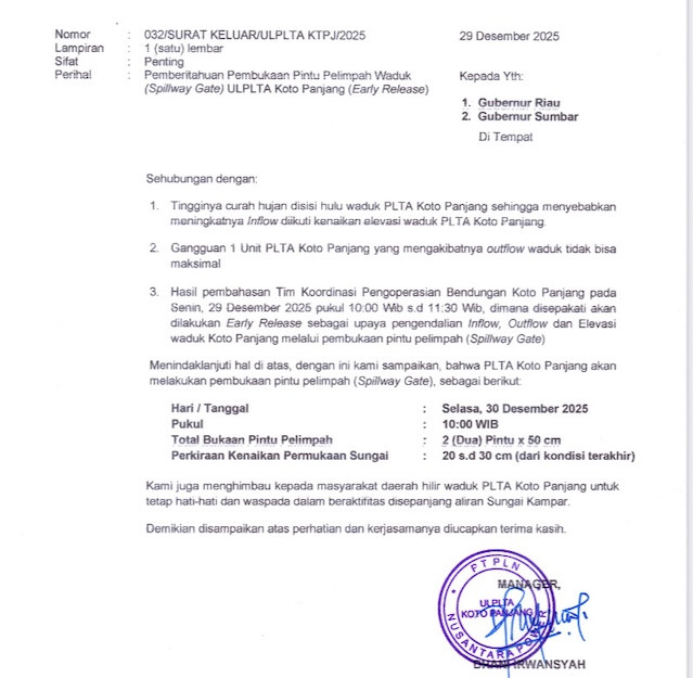 Besok PLTA Koto Panjang Buka Pintu Waduk, BPBD Riau Imbau Masyarakat Waspada