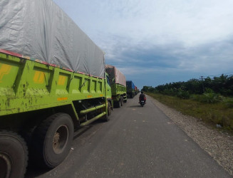 Ratusan Truk Batu Bara Sarat Muatan Antre Masuk PLTU Tenayan, Jalan Depan Kantor Walikota Terancam Rusak
