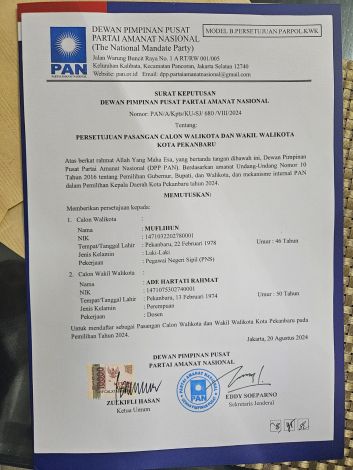 Keluarkan B1KWK, PAN Restui Muflihun dan Ade Hartati Maju Pilwako Pekanbaru