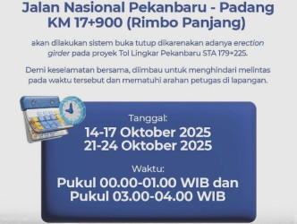 Pekerjaan Jembatan Tol Lingkar, Jalan Lintas Pekanbaru-Padang Terapkan Sistem Buka Tutup