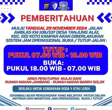 Jalan Lintas Riau-Sumbar di XIII Koto Kampar Diberlakukan Jam Operasional Buka Tutup