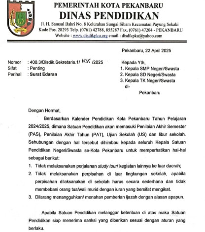 Dinas Pendidikan Pekanbaru Larang Kegiatan Study Tour dan Perpisahan di Luar Sekolah